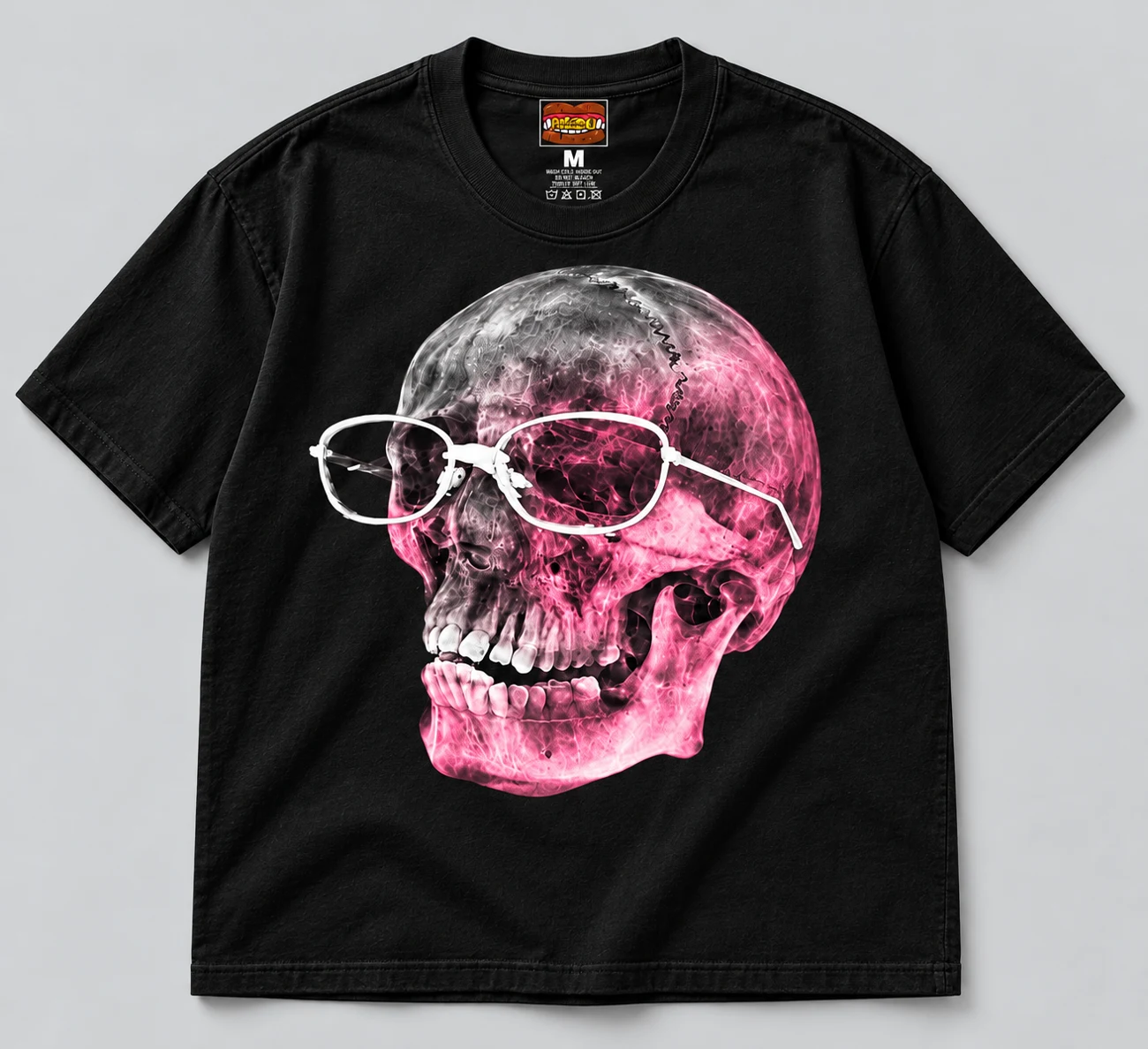 Black PremePrintHub tee featuring a pink and silver X-ray skull with white glasses